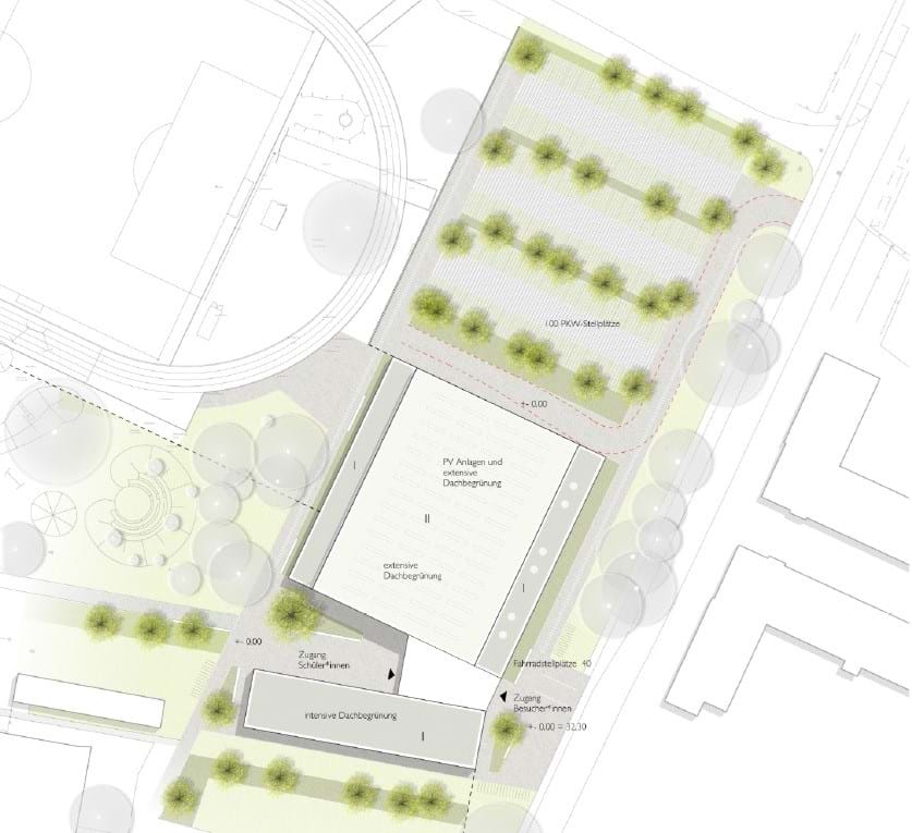 Der Lageplan der neuen Turnhalle (Copyright: 2021, W&V Architekten GmbH, el:ch landschaftsarchitekten PartGmbB)
