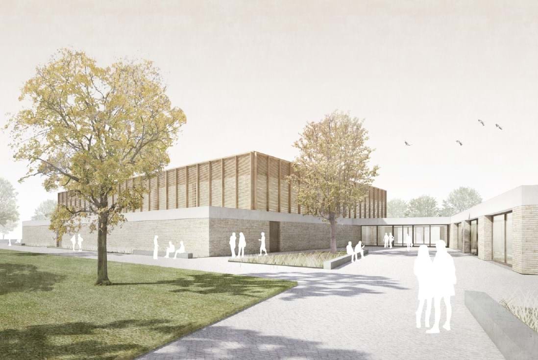 So könnte die neue Halle in Zukunft aussehen. (Copyright: 2021, W&V Architekten GmbH, el:ch landschaftsarchitekten PartGmbB)