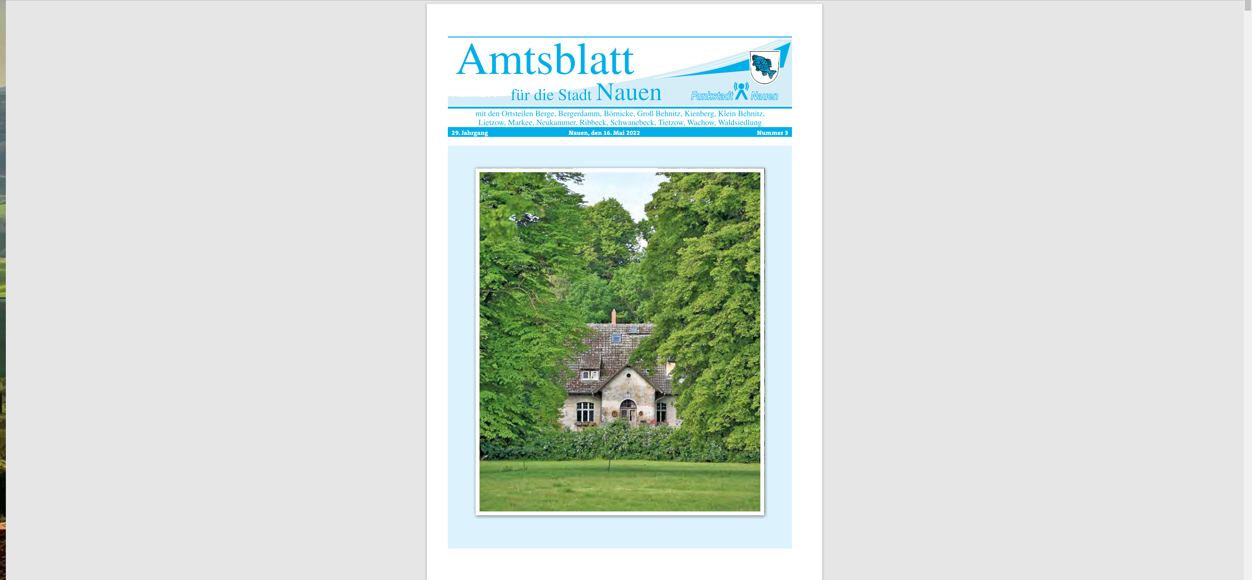 Das Amtsblatt für die Stadt Nauen, Nr. 3 ist am 16. Mai 2022 erschienen.