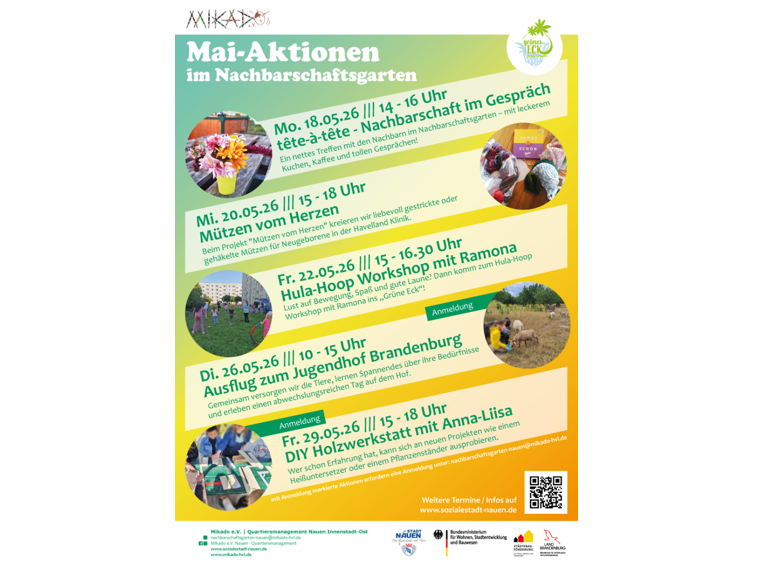 Plakat Mai-Aktionen im Nachbarschaftsgarten „Grünen Eck“ (Quelle: Mikado)